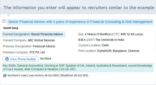 The information you enter will appear to recruiters similar to the example